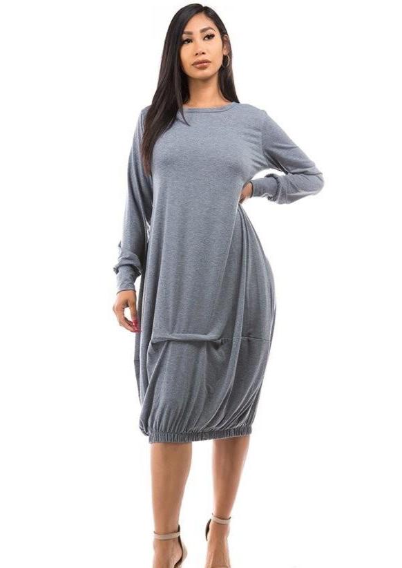 Women’s Midi Dresses | Tandie Long Sleeve Bell Grey Midi Dress By: NUMARU