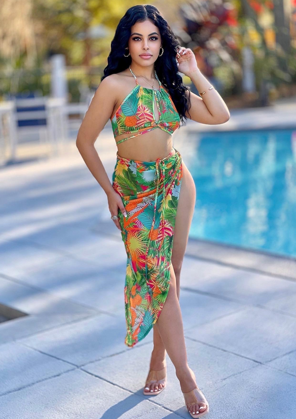 Brooke Tropical Print Bikini And Cover Up Skirt Set - NUMARU