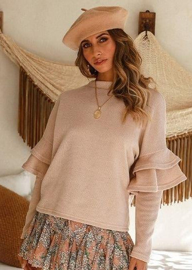 Women’s Sweaters | Palba Ruffle Long Sleeve Sweater (Beige) By: NUMARU