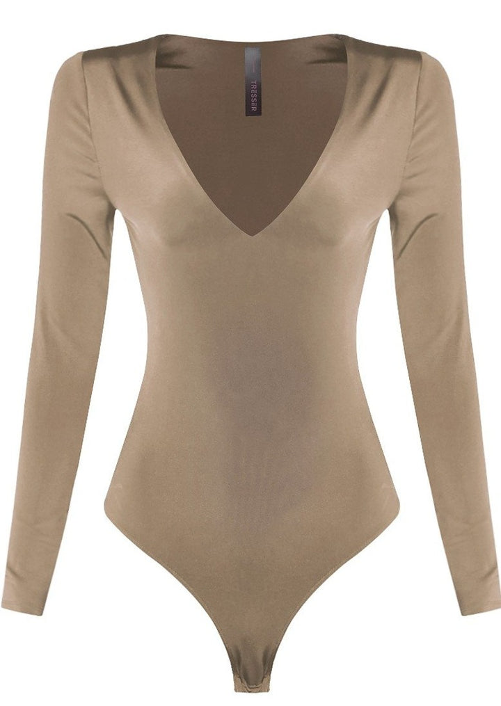 Long Sleeve Bodysuit | Jodi V Neck Long Sleeve Khaki Bodysuit By: NUMARU