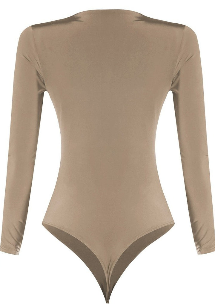 Long Sleeve Bodysuit | Jodi V Neck Long Sleeve Khaki Bodysuit By: NUMARU