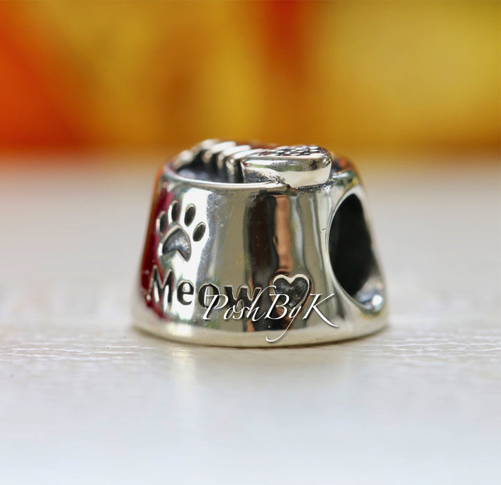 Meow Cat Bowl Sterling Silver Bead Charm 791716CZ - jewelry, beads for charm, beads for charm bracelets, charms for diy, beaded jewelry, diy jewelry, charm beads