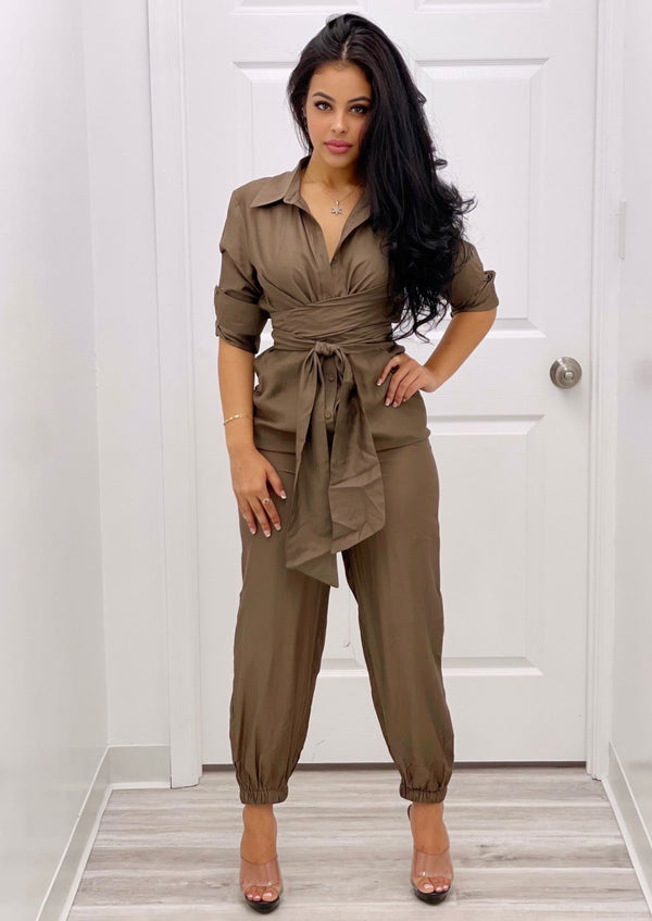 Women’s Jumpsuit | Toni Half Sleeve Wrap Olive Jumpsuit By: NUMARU