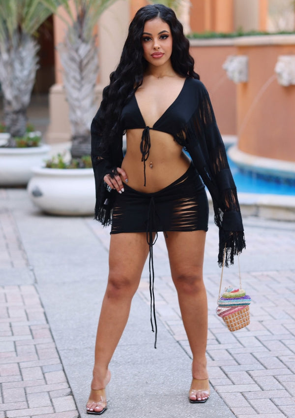 Seala Knitted Long Sleeve Fringe Top And Cut Out Skirt Set - NUMARU