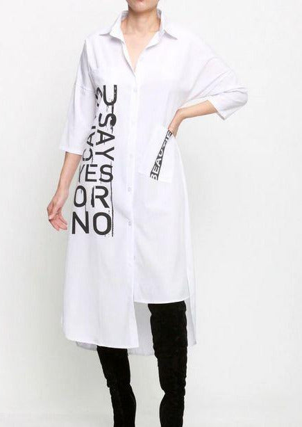 Women’s Midi Dresses | Daleah Letter Printed White Linen Shirt Midi Dress By: NUMARU