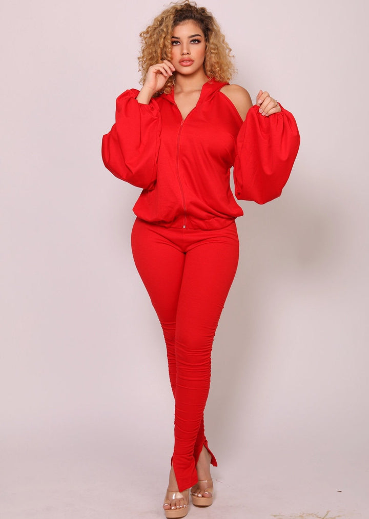 Women’s Two Piece Set | Docilla Long Sleeve Cut Off Back Top And Elastic Pants (Red) By: NUMARU