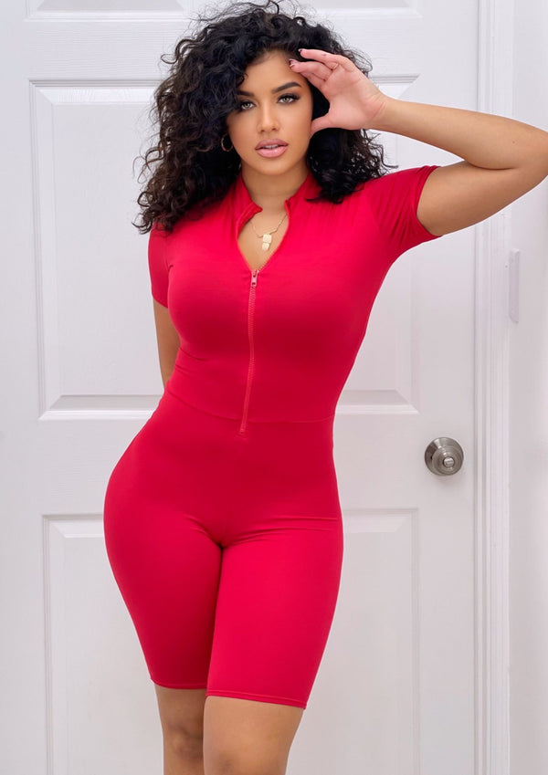 Women’s Rompers | Tania Front Zipper Solid Romper (Red) By: NUMARU