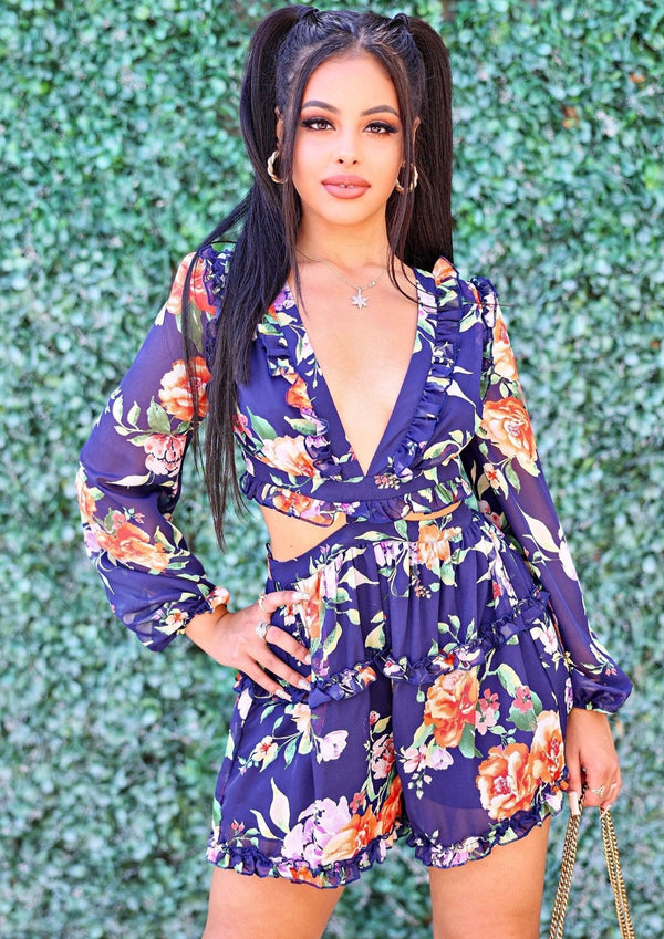 Flora Long Sleeve V-neck Romper - NUMARU