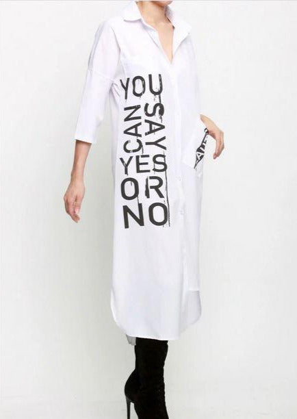 Women’s Midi Dresses | Daleah Letter Printed White Linen Shirt Midi Dress By: NUMARU