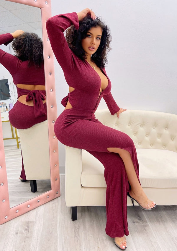 Women’s Jumpsuit | Terra Flared Leg Burgundy Jumpsuit By: NUMARU