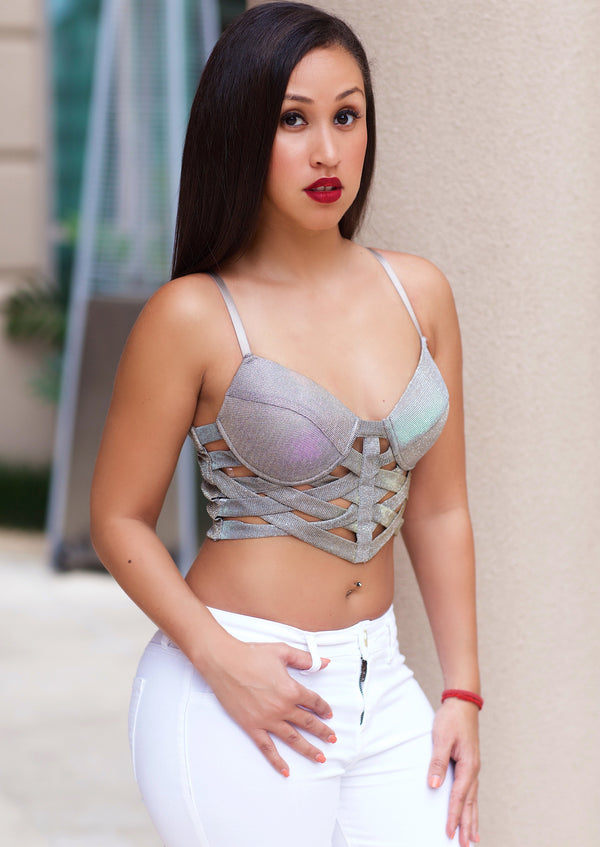 Women’s Crop Tops | Alexia Spaghetti Strap Cage Bustier Silver Crop Top By: NUMARU