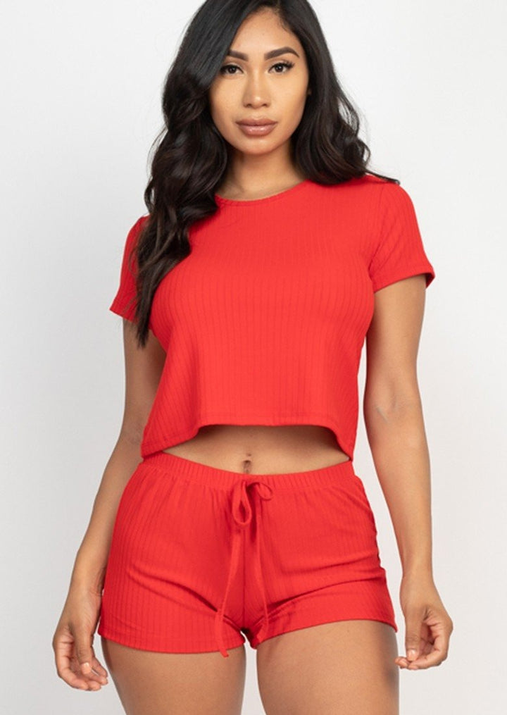 Women’s Two Piece Set | Ankine Ribbed Knit Crop Top & Drawstring Strap Tie Shorts Set (Red) By: NUMARU