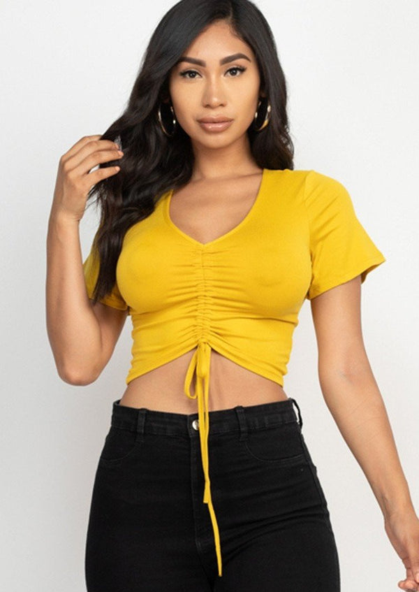 Women’s Crop Tops | Branson Strap Ruched Front Crop Top (Mustard) By: NUMARU