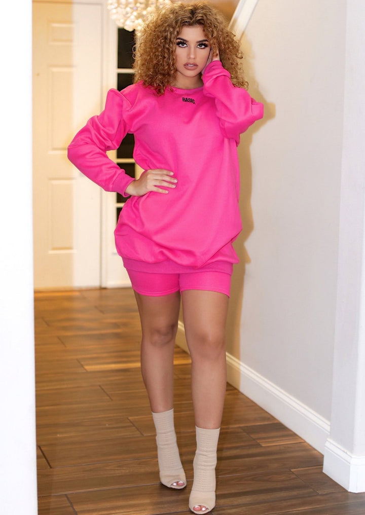 Women’s Two Piece Set | Brayden Fleece Sweater Shirt Dress & Biker Shorts Set (Pink) By: NUMARU