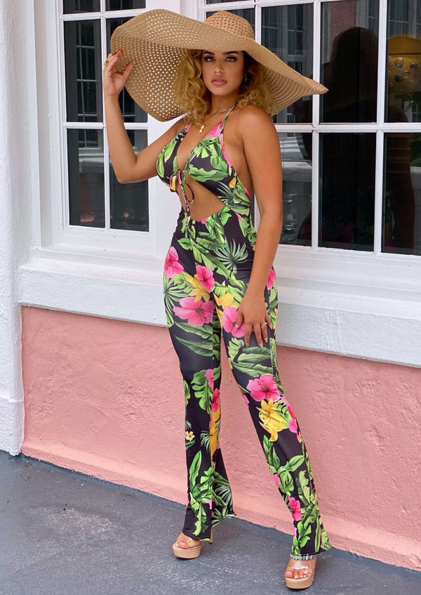 Women’s Jumpsuits | Shandy Floral Print Front Cut-Out Halter Jumpsuit (Green) By: NUMARU