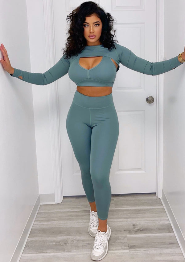 Women's Three Piece Set | Jodessa Sweat Suit 3 Piece Set (Olive) By: NUMARU