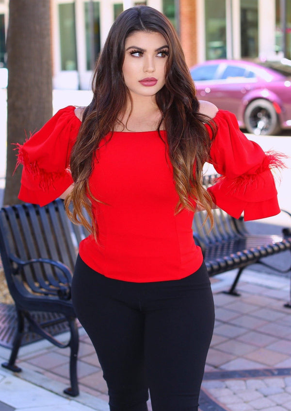 Women’s Off Shoulder Tops | Amy Off Shoulder Feather Sleeve Top (Red) By: NUMARU
