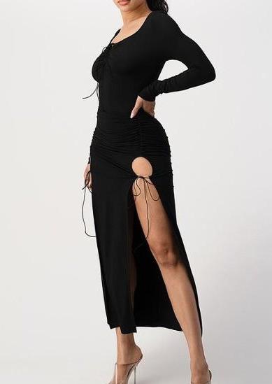 Women’s Midi Dresses | Louden High Slit Long Sleeve Black Midi Dress By: NUMARU