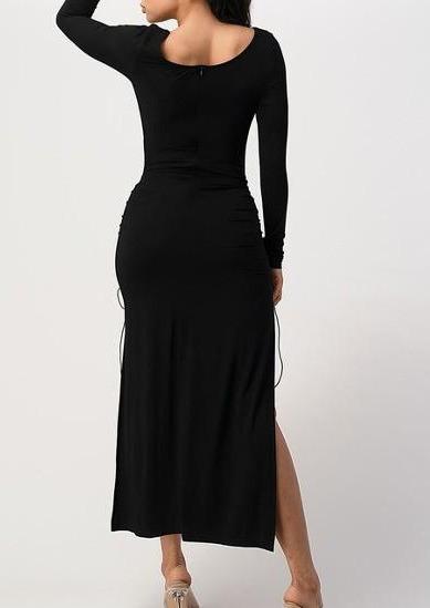 Women’s Midi Dresses | Louden High Slit Long Sleeve Black Midi Dress By: NUMARU