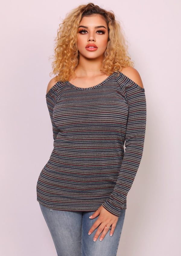 Women’s Tops | Bea Cold Shoulder Metallic Detail Shirt Top (Multi Color) By: NUMARU
