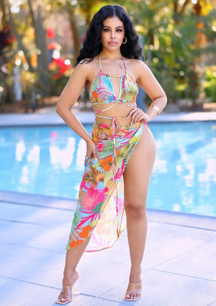 Brooke Tropical Print Bikini And Cover Up Skirt Set - NUMARU