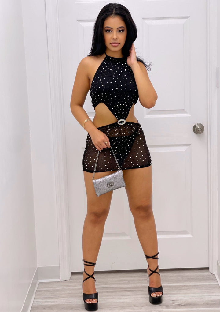 Women's Cover Ups | Braelyn Rhinestone Mesh Cover Up Dress (Black) By: NUMARU