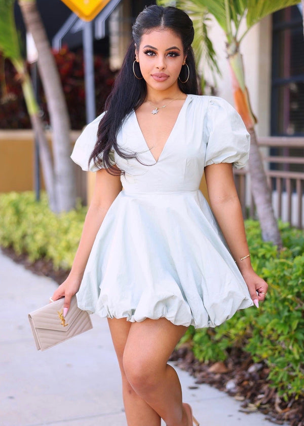 Ginnie V Neck Puff Bubble Mini Dress - Sage - NUMARU