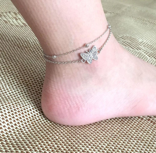 Multilayer Butterfly Ankle Bracelet (Silver), Accessories, body jewelry, anklets, socks, belts, fashion jewelry, body accessories, trendy accessories, trendy fashion, chain accessories