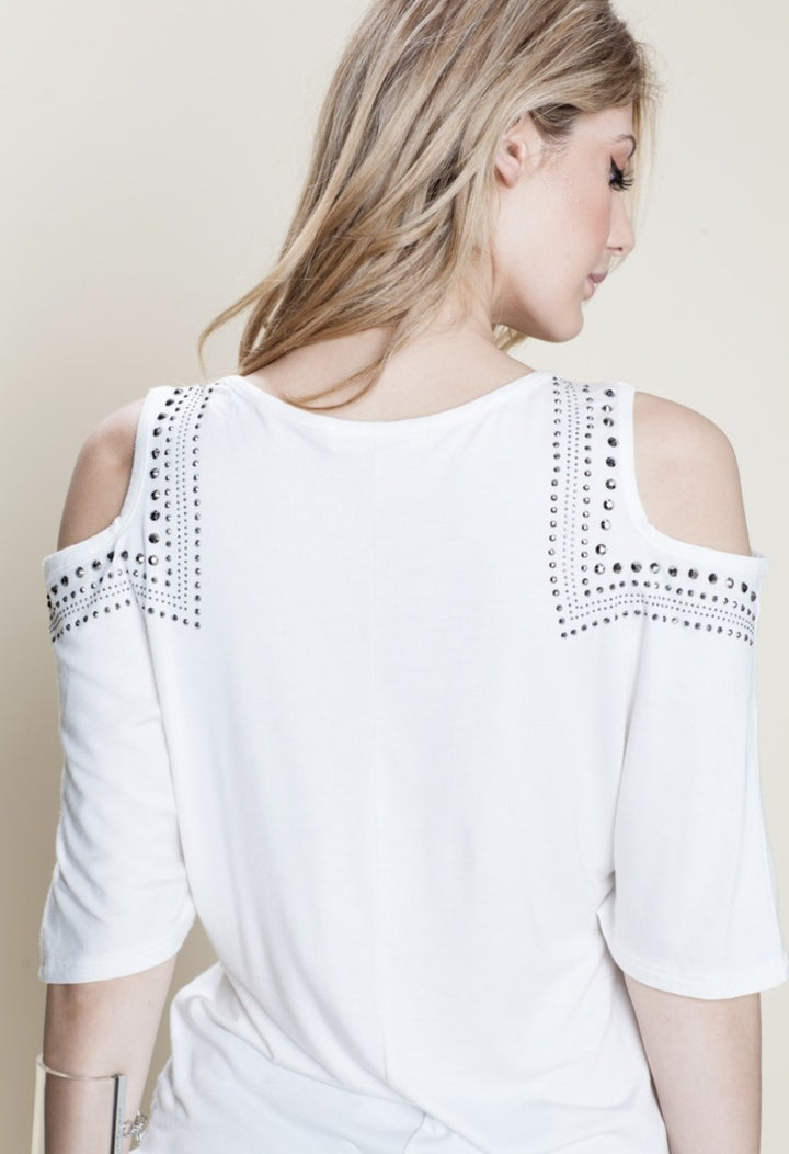Women’s Tops | Hannah Cold Shoulder Top With Stones (White) By: NUMARU