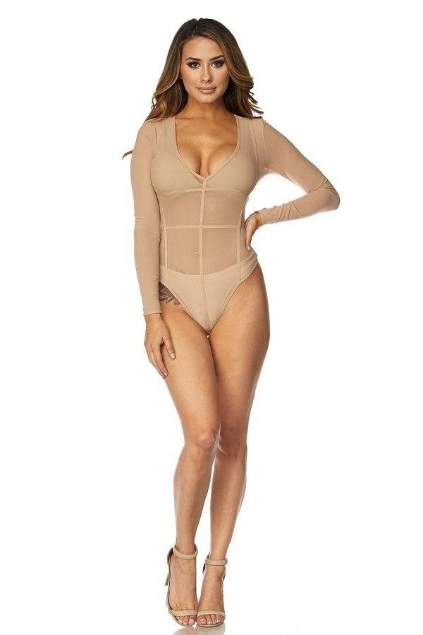 Women’s Bodysuit | Hera Long Sleeve Mesh Bodysuit (Taupe) By: NUMARU