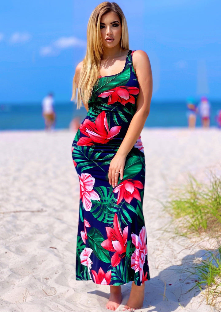 Women’s Maxi Dresses | Celandine Floral Printed Sleeveless Maxi Dress With Matching Face Mask (Navy Multi) By: NUMARU