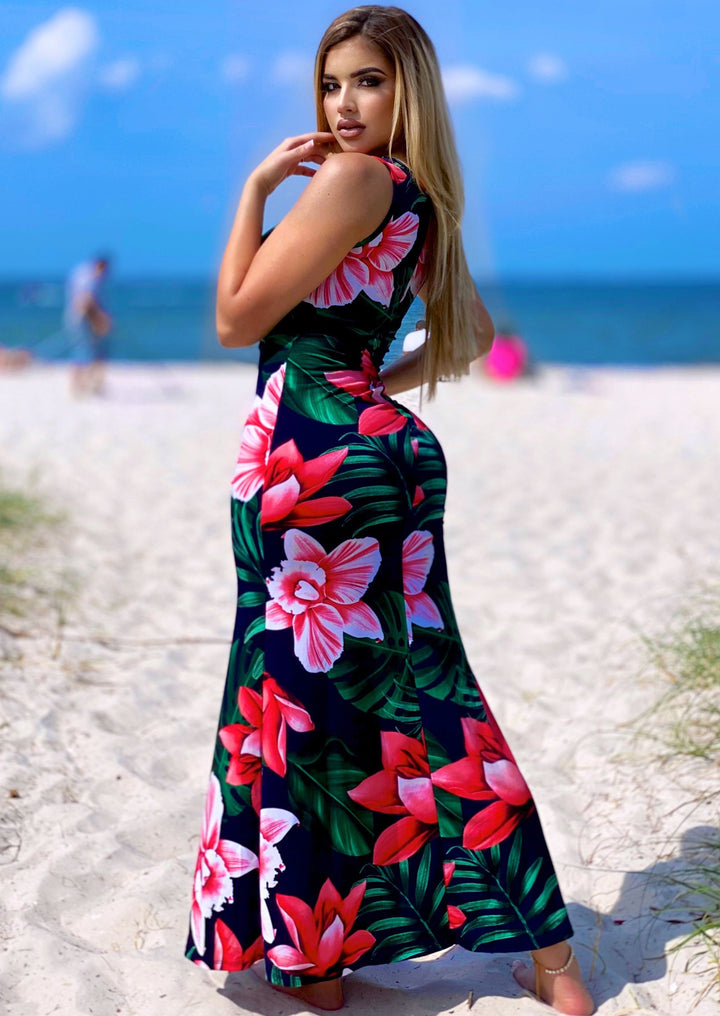 Women’s Maxi Dresses | Celandine Floral Printed Sleeveless Maxi Dress With Matching Face Mask (Navy Multi) By: NUMARU