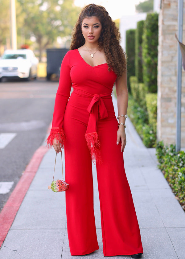 Lanyi One Shoulder With Waist Tie Jumpsuit - NUMARU