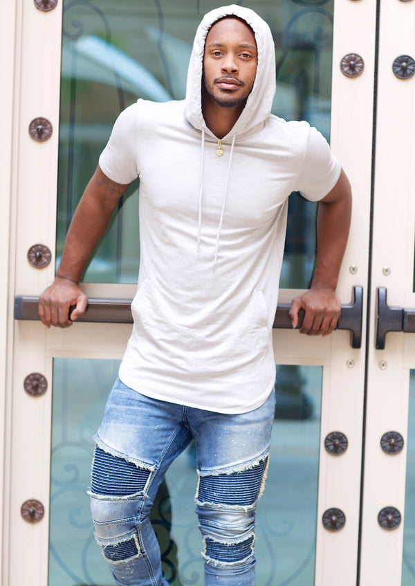 Slim Fit Hoodie Hooded Short Sleeve Tee (Grey) - Posh By K