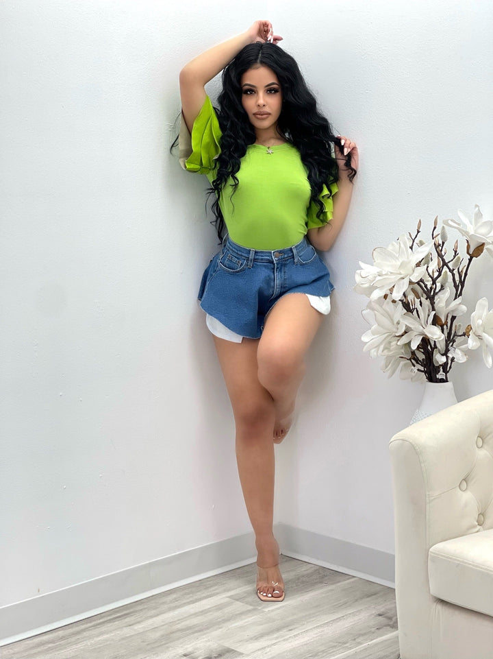 Kylien Ruffle Sleeve Green Top - NUMARU