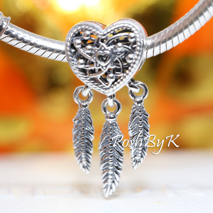 Openwork Heart & Three Feathers Dreamcatcher Charm 799107C00, -jewelry, beads for charm, beads for charm bracelets, charms for diy, beaded jewelry, diy jewelry, charm beads 