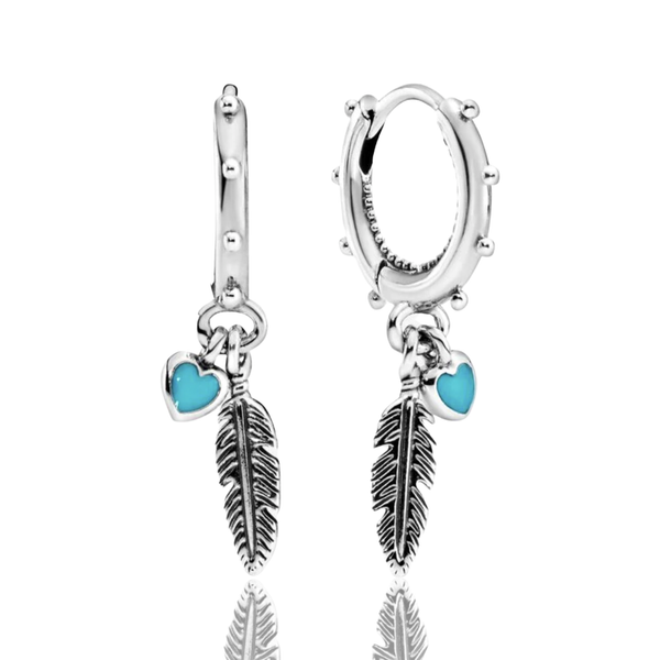 Turquoise Hearts and Feather Hoop Earrings 297205EN168 jewelry, beads for charm, beads for charm bracelets, charms for bracelet, beaded jewelry, charm jewelry, charm beads