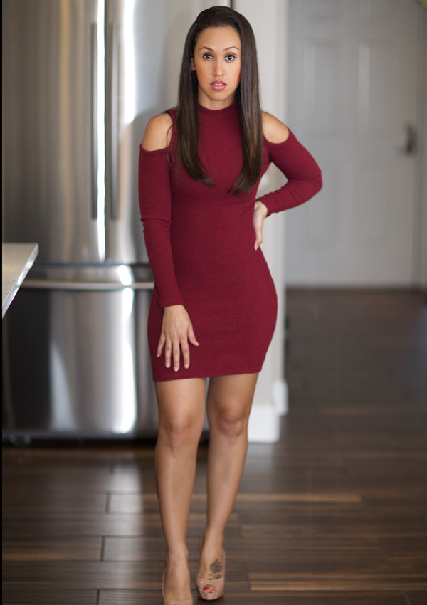 Women’s Mini Dress | Sabrina Cold Shoulder Mock Neck Mini Dress (Burgundy) By: NUMARU