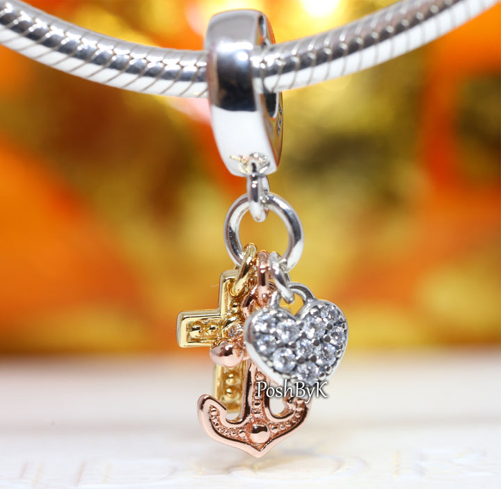 Triple-tone Cross, Heart, & Anchor Dangle Charm 799354C01, jewelry, beads for charm, beads for charm bracelets, charms for diy, beaded jewelry, diy jewelry, charm beads