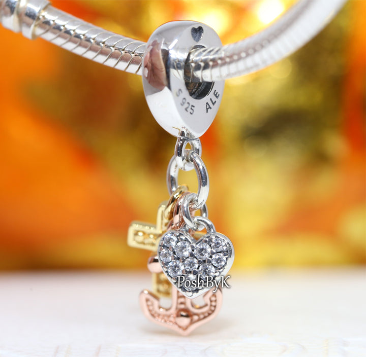 Triple-tone Cross, Heart, & Anchor Dangle Charm 799354C01, jewelry, beads for charm, beads for charm bracelets, charms for diy, beaded jewelry, diy jewelry, charm beads