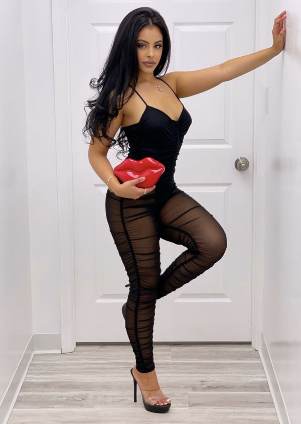 Women’s Jumpsuit | Rosalie See Through Ruched Mesh Jumpsuit (Black) By: NUMARU