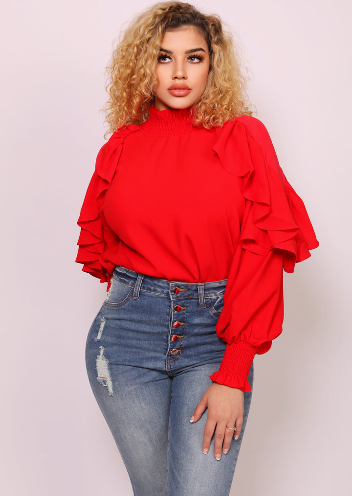 Women’s Smocked Tops | Tanya Smocking Neck Ruffle Sleeve Top (Red) By: NUMARU