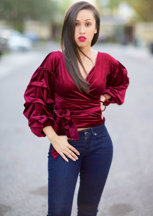 Women’s Tops | Paris Velvet Bubble Sleeve Off Shoulder Top (Burgundy) By: NUMARU