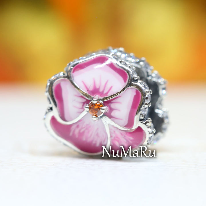 Pink Pansy Flower Charm 790777C01 - NUMARU, jewelry, beads for charm, beads for charm bracelets, charms for bracelet, beaded jewelry, charm jewelry, charm beads, 