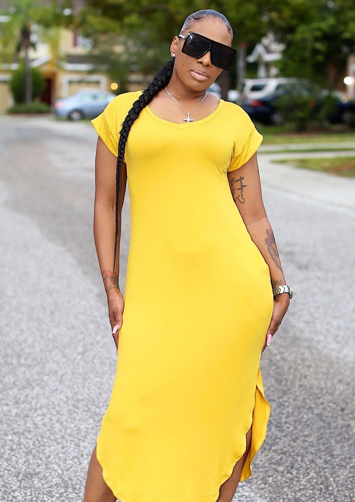 Plus Size Maxi Dresses | Kaniel V-Neck Tunic Plus Size Maxi Dress (Mustard) By: NUMARU