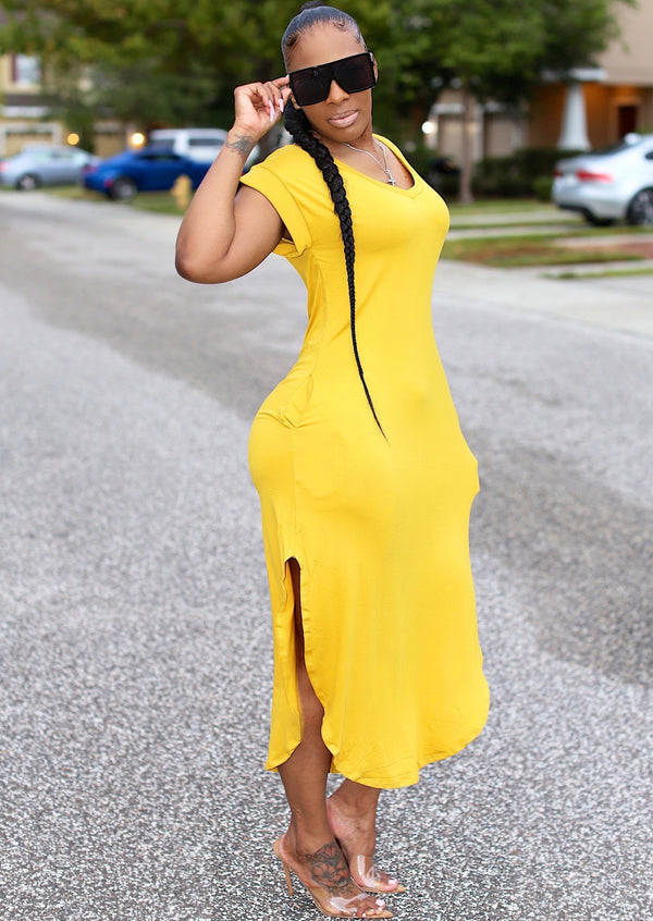 Plus Size Maxi Dresses | Kaniel V-Neck Tunic Plus Size Maxi Dress (Mustard) By: NUMARU