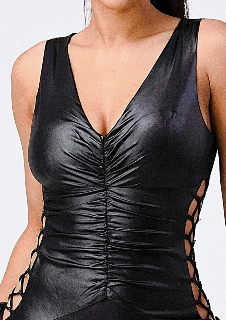 Bodycon Mini Dress | Patrice Stretch V-Neck Fish Net Side Lux Bodycon Dress (Black) By: NUMARU