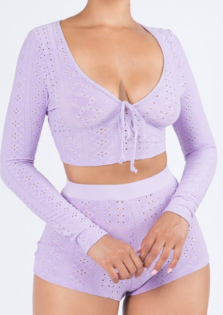 Women’s Two Piece Set | Gladus Long Sleeve Crop Top And Matching Shorts (Lavender) By: NUMARU