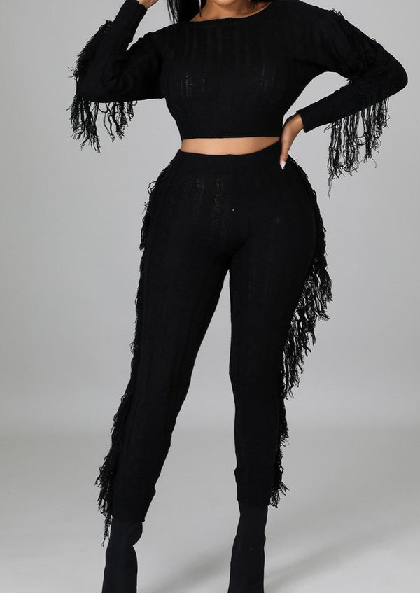 Women's Matching Sets | Tierra Fringe Cable Knit Two Piece Set (Black) By: NUMARU