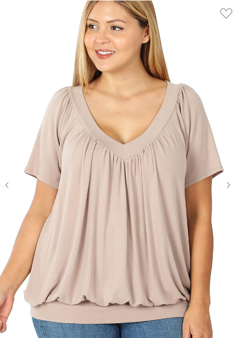 Women’s Tops | Bane Plus V-Neck Short Sleeve Shirring Top (Ash Mocha) By: NUMARU